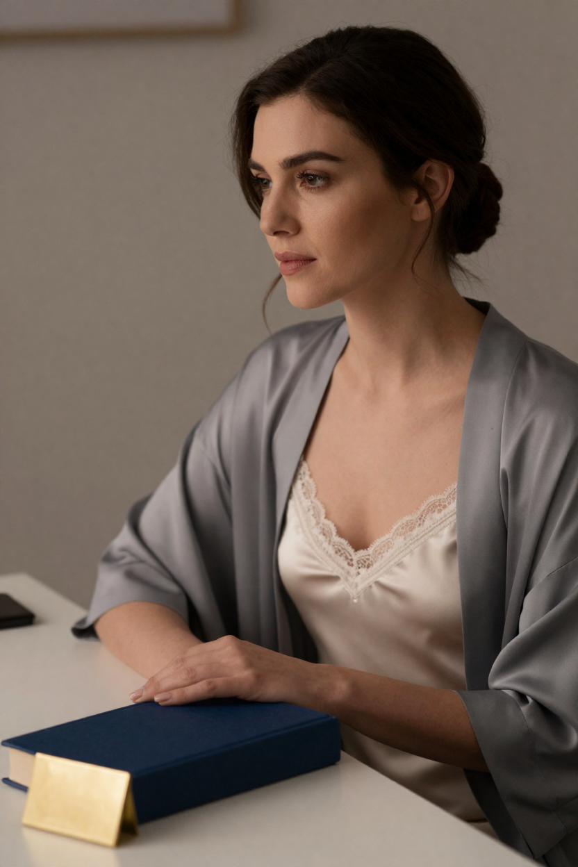 Photorealistic editorial portrait of a fictional adult woman, age 28, dark brown hair swept into a